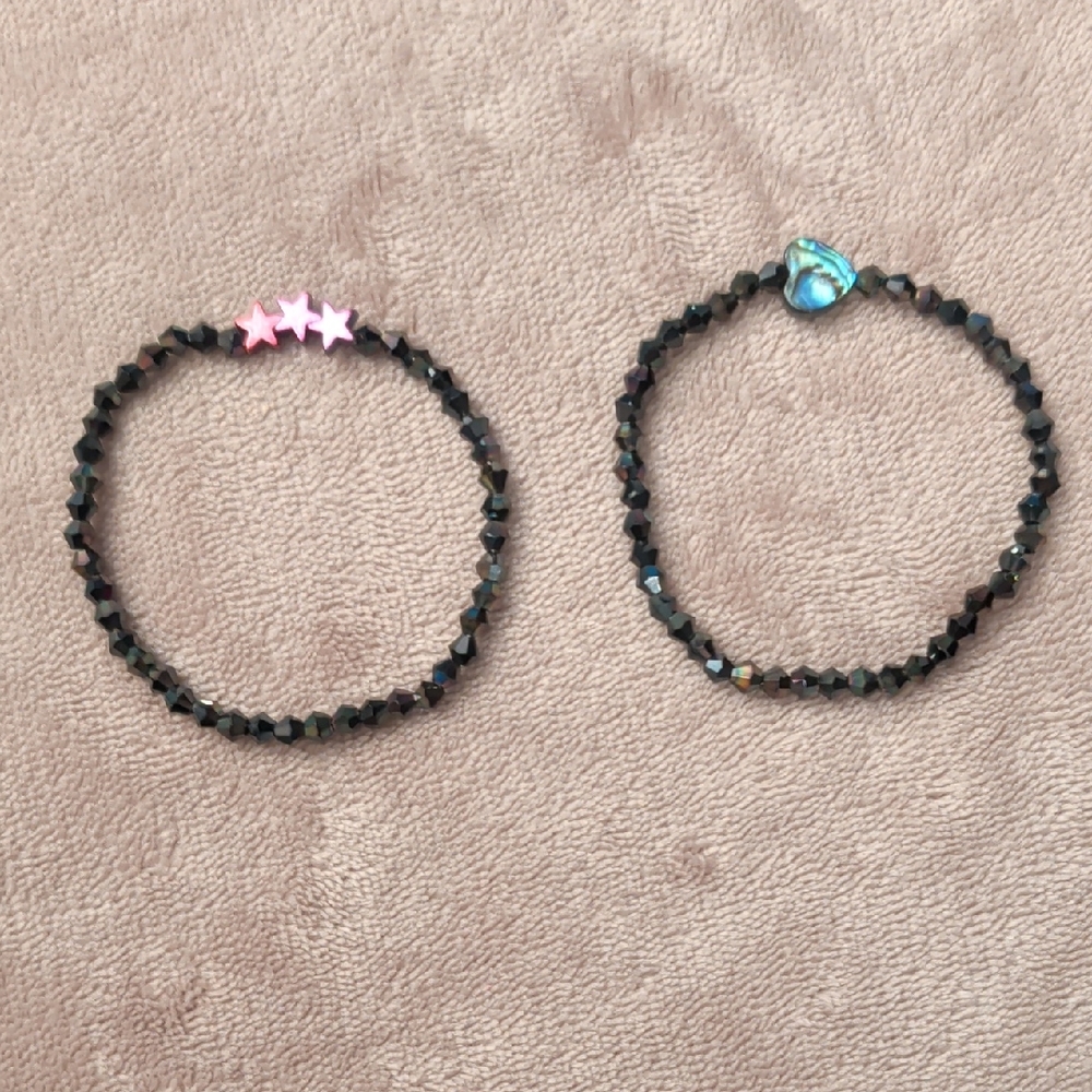 Black Beaded Kids Bracelets with Pink Stars and Blue Heart